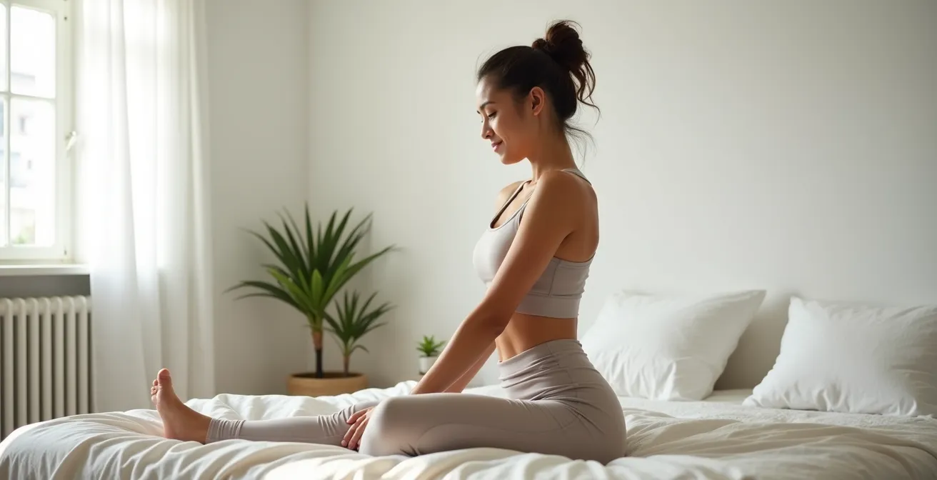 Person doing gentle morning stretches in minimalist bedroom with soft natural light