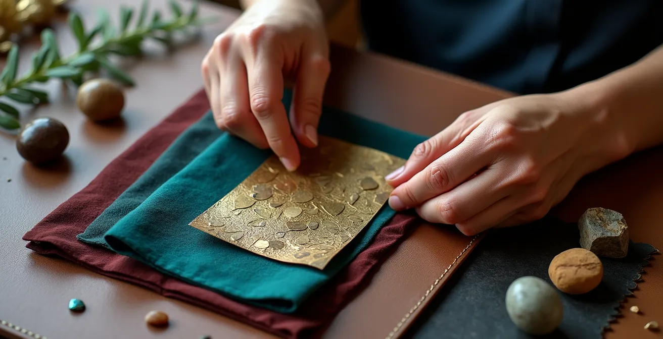 Hands arranging inspiration materials like fabric swatches and architectural photos on a jeweller's design table.