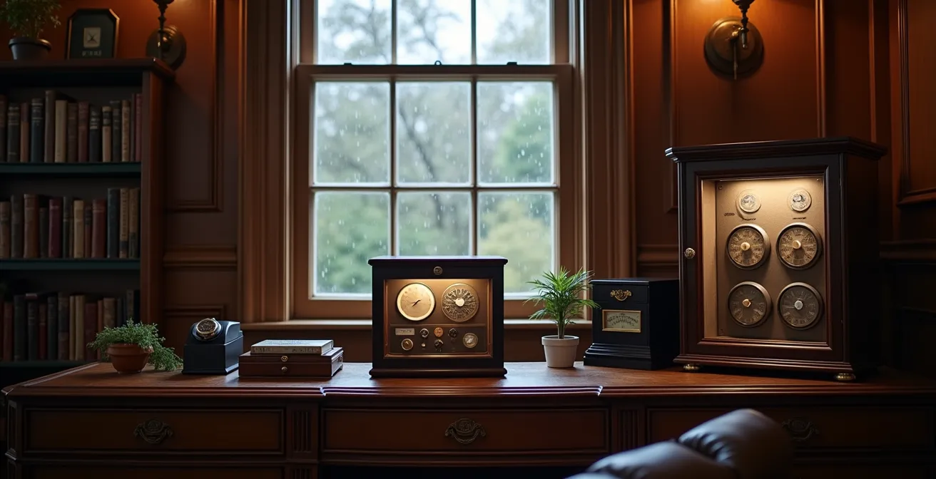 Watch storage setup in traditional British home showing proper humidity control methods and storage containers