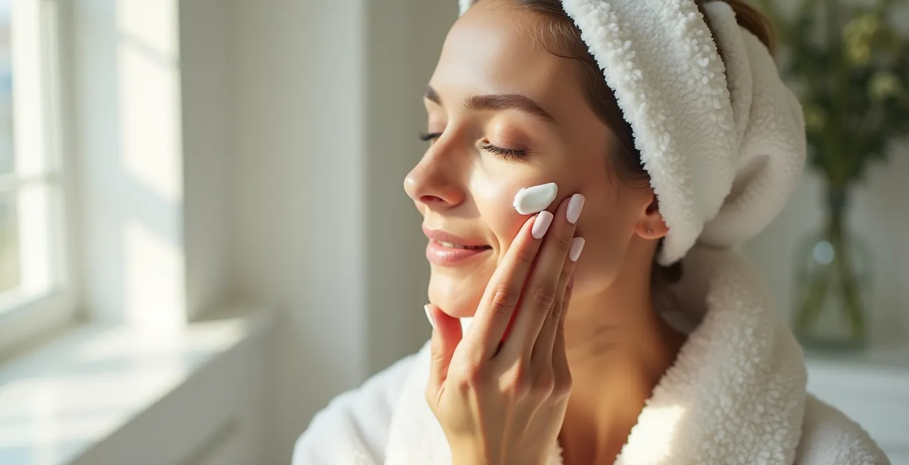 Close-up of hands applying cream cleanser in gentle circular motions