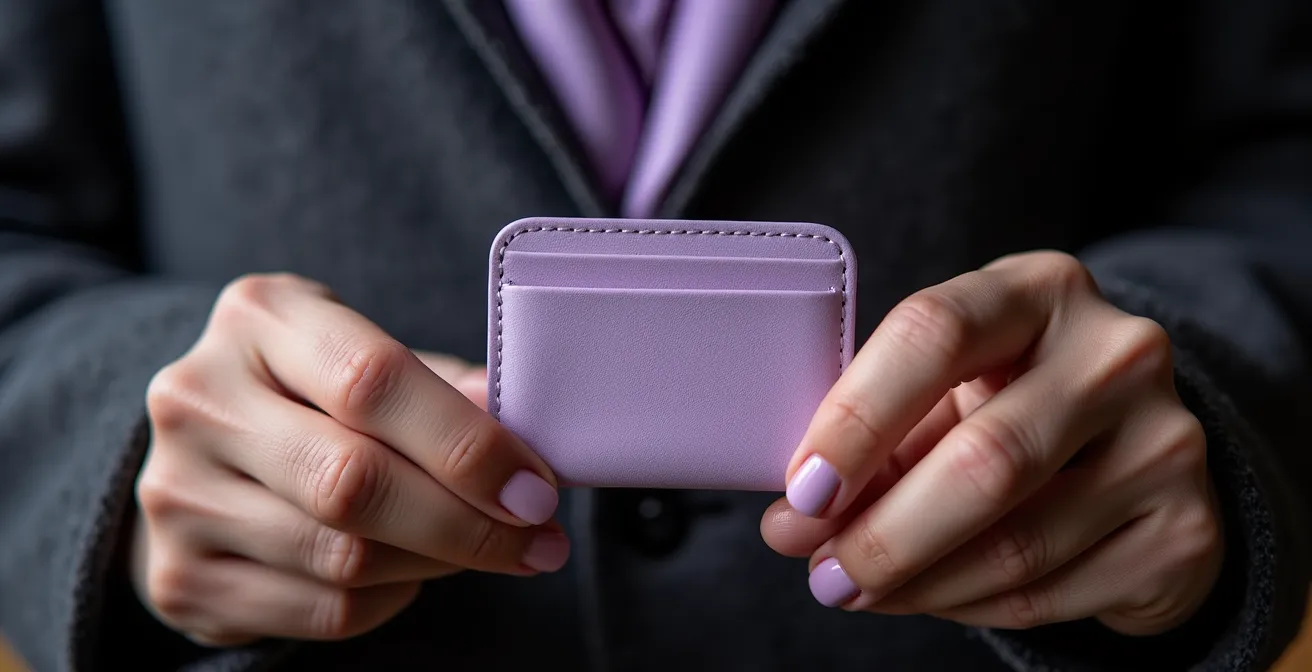 Close-up of lavender leather accessories on a dark wool coat, showcasing subtle office style.