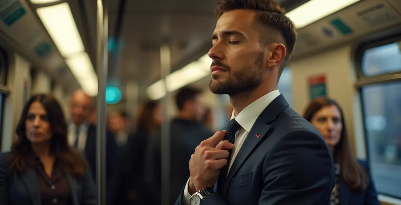 Professional commuter practicing mindful breathing in crowded Tube carriage