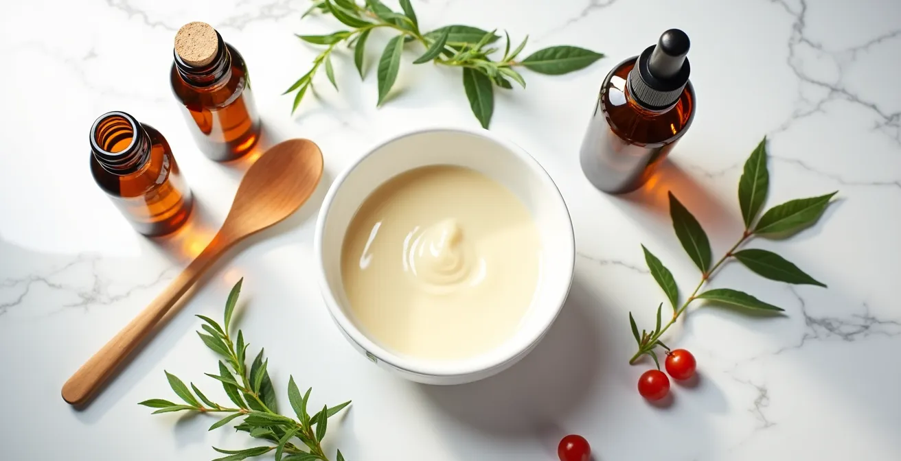 Top view of mixing bowl with natural ingredients for hair mask preparation on marble surface