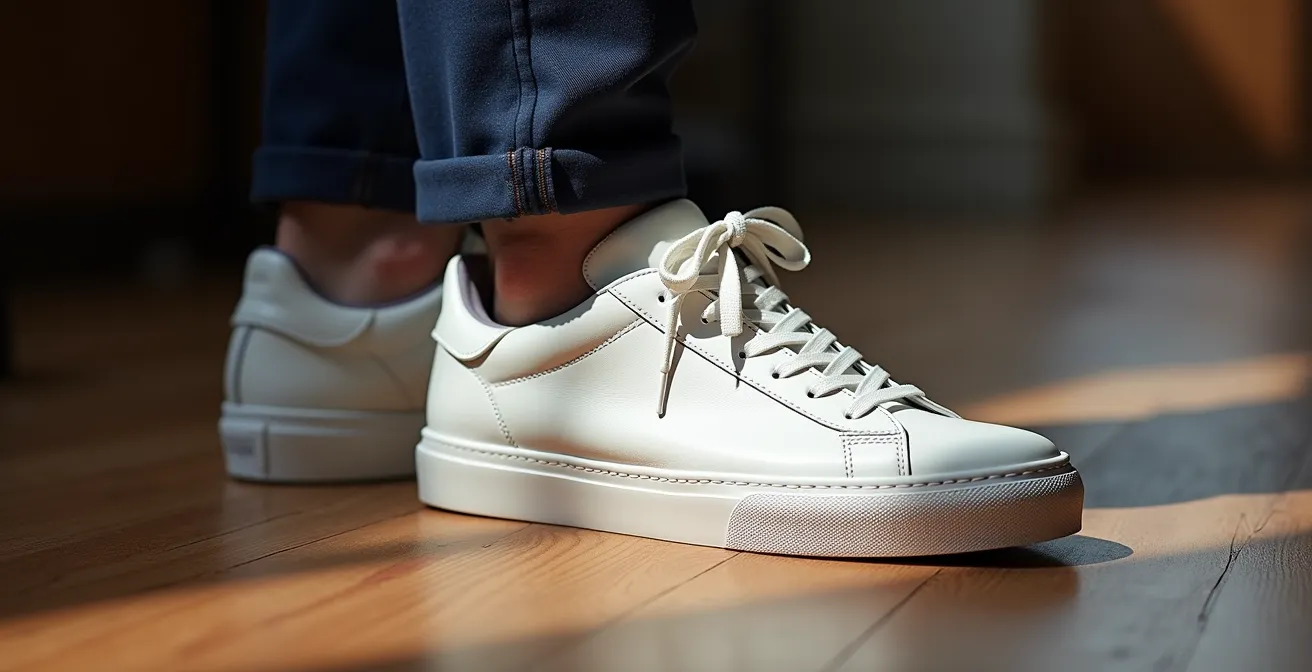 Close-up of minimalist white leather sneakers styled with tailored trousers