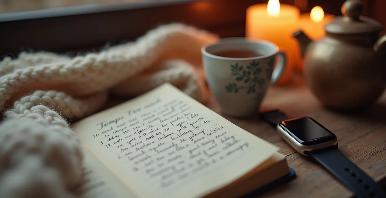 Cozy evening scene with journal, tea, and no digital devices in British home