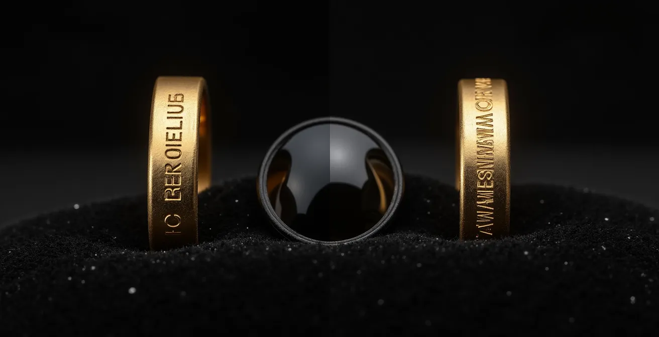 A macro photograph comparing a crisp, genuine hallmark with the soft, rounded edges of a fake or cast marking.