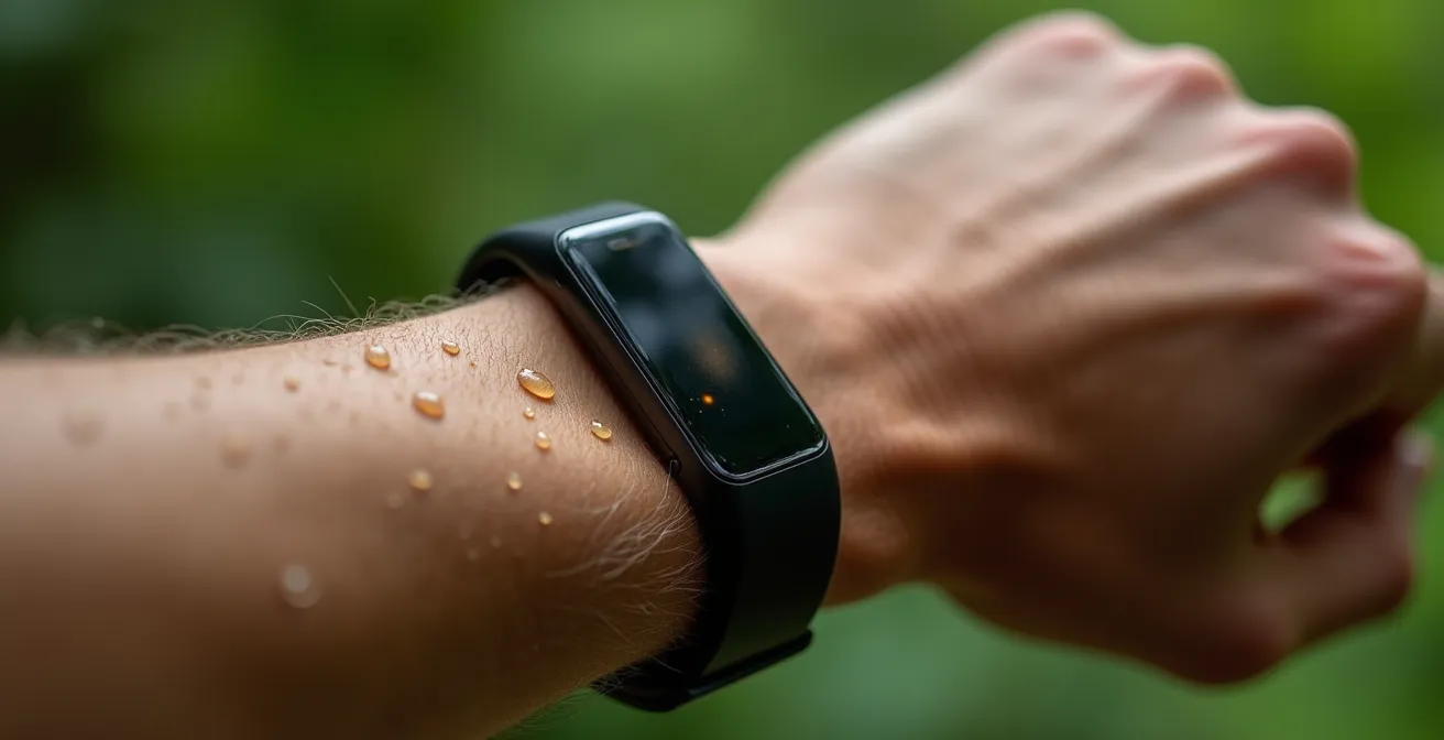 Close-up of runner's heart rate monitor showing training zones in park setting