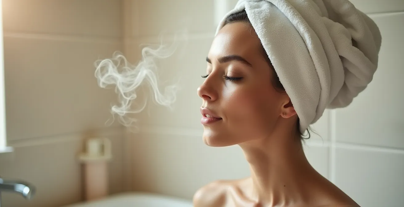 Side profile of woman with hair wrapped in warm towel showing steam rising gently
