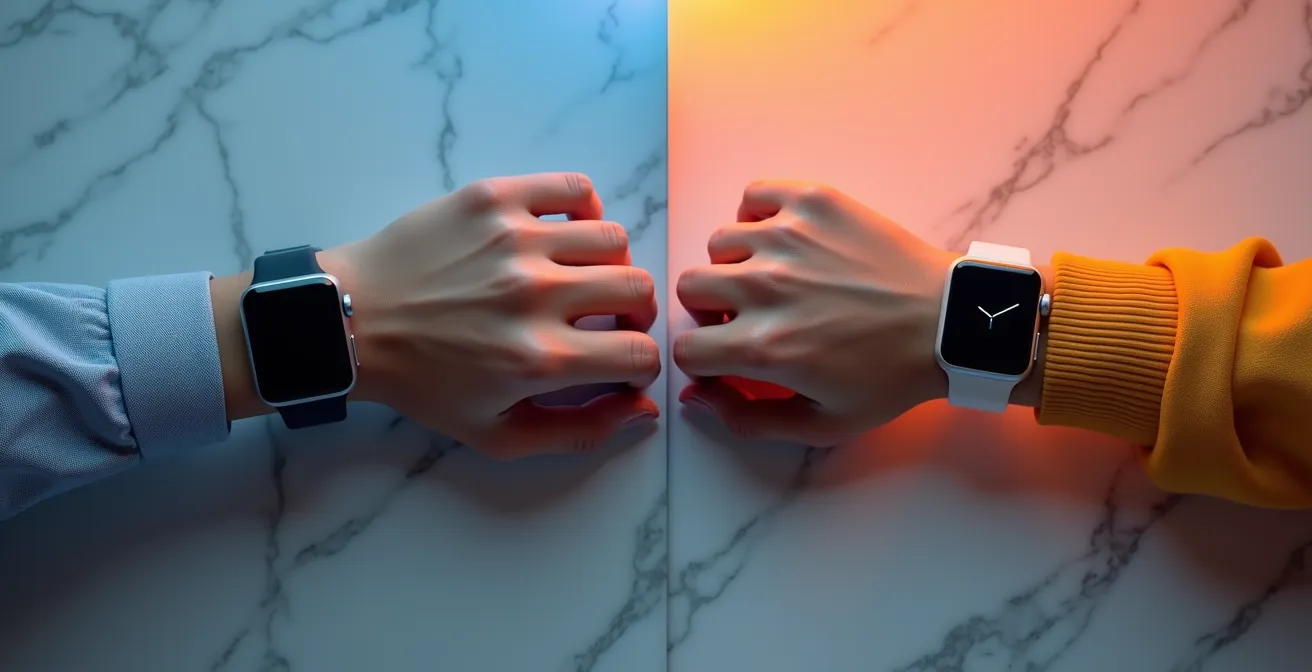 Split composition showing Apple Watch and Wear OS devices with smart home control interfaces
