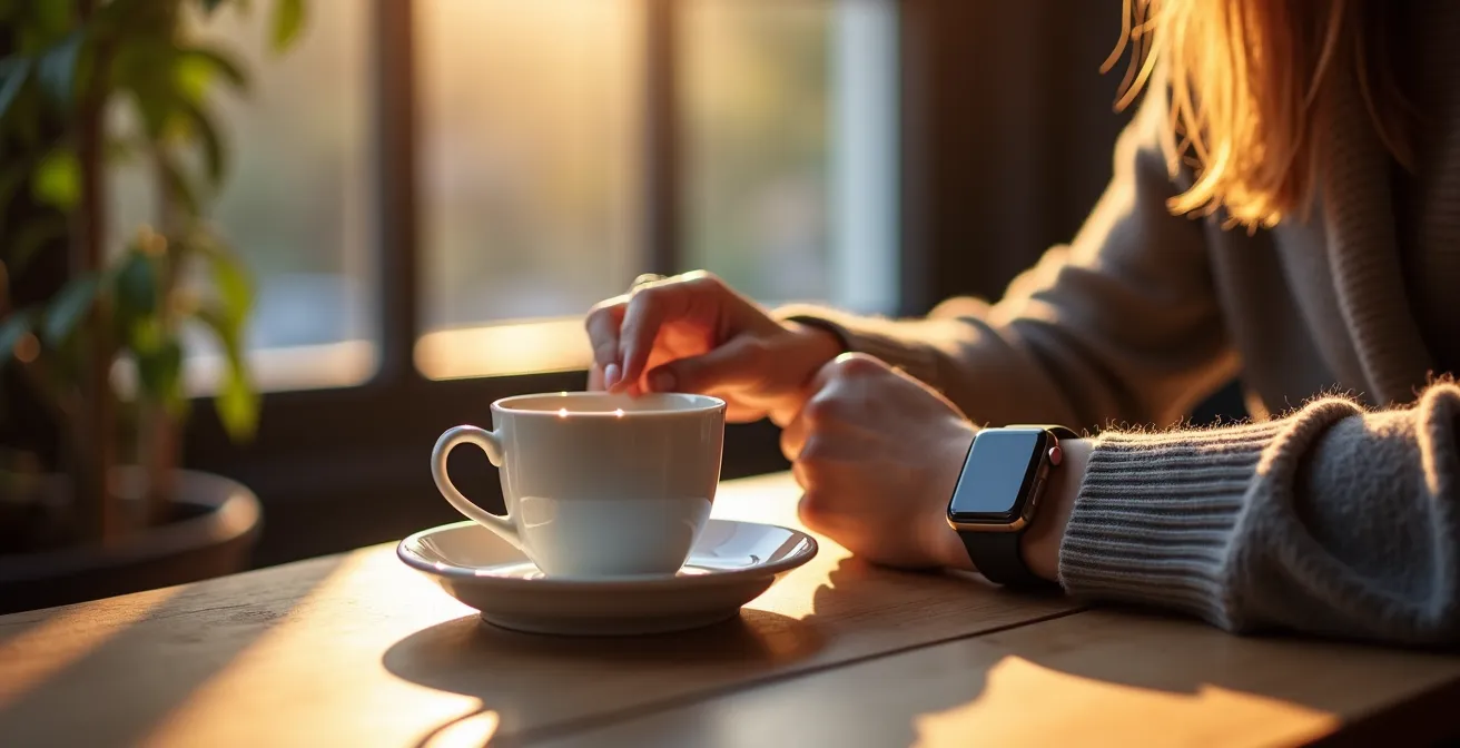 Person adjusting smartwatch settings while seated at cozy British café table with tea cup