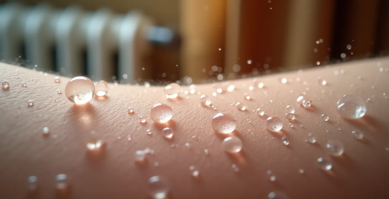 Macro shot of water molecules on the skin's surface in a dry, centrally heated environment, illustrating moisture loss.
