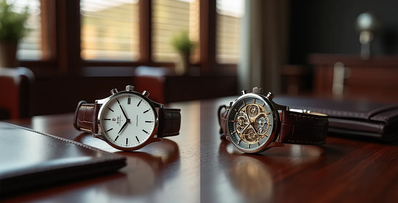 Split composition showing a classic clean dial watch versus a complex skeleton watch on an interview desk
