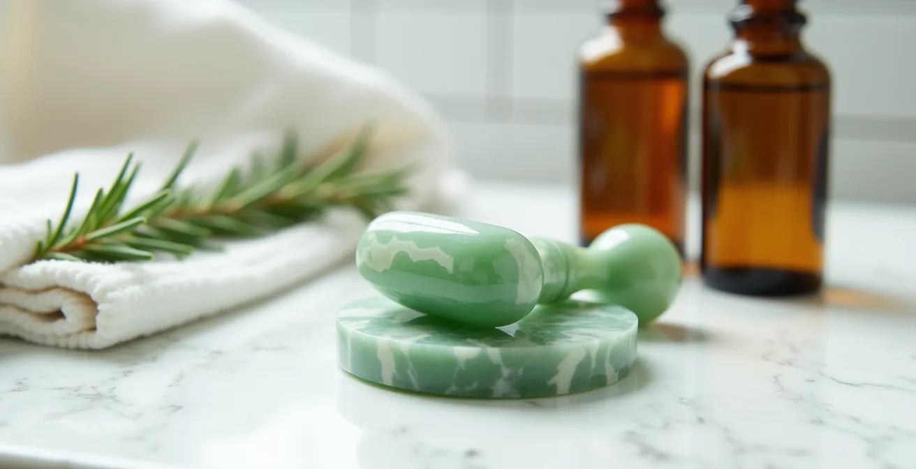 Jade roller and gua sha tools on marble vanity with British skincare products