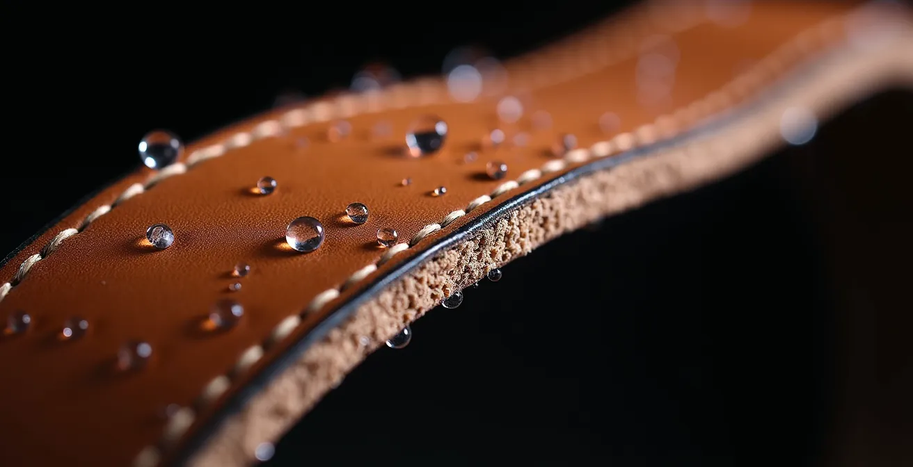 Macro close-up view of leather belt fibers showing the stress patterns and moisture absorption at a bend.