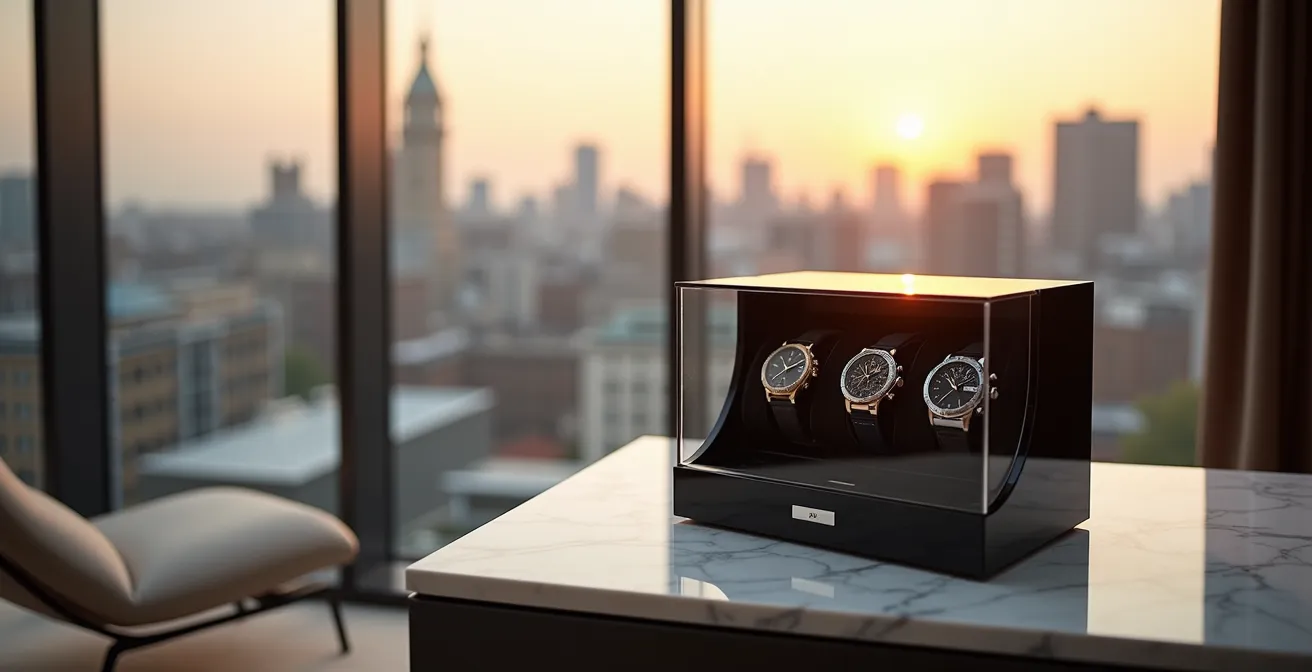 Minimalist scene of a watch collection display in a contemporary London apartment