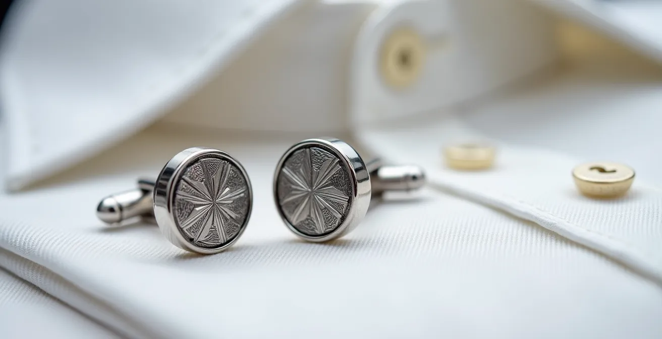 Close-up of elegant silver cufflinks on a formal shirt cuff, showcasing British craftsmanship.