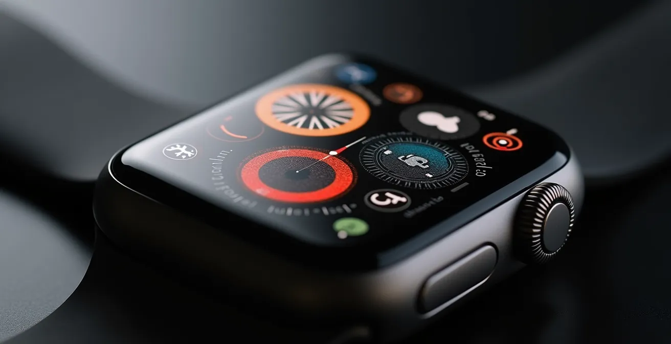 Extreme close-up of Apple Watch Modular face with high contrast settings showing weather and transport complications