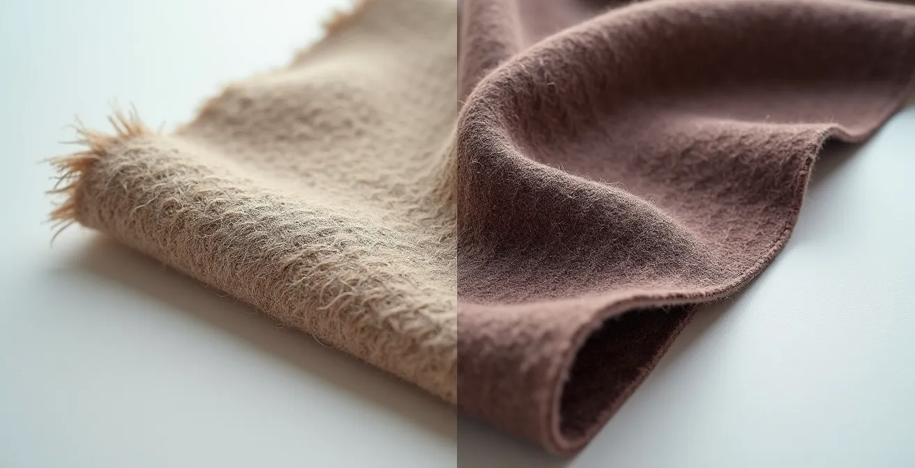 Extreme close-up comparison showing natural wool fibres versus synthetic polyester texture under natural lighting