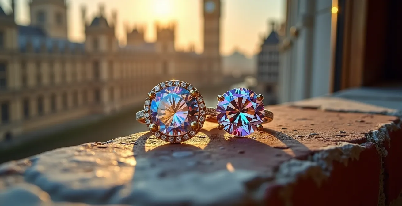 Close-up comparison showing moissanite's rainbow fire effect versus a diamond's white sparkle.