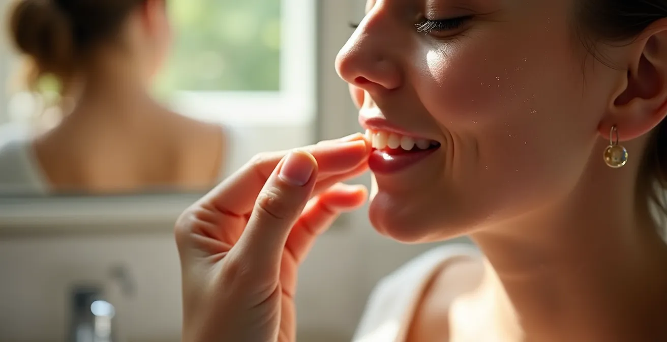 Close-up of hands performing gentle facial lymphatic drainage massage with face oil
