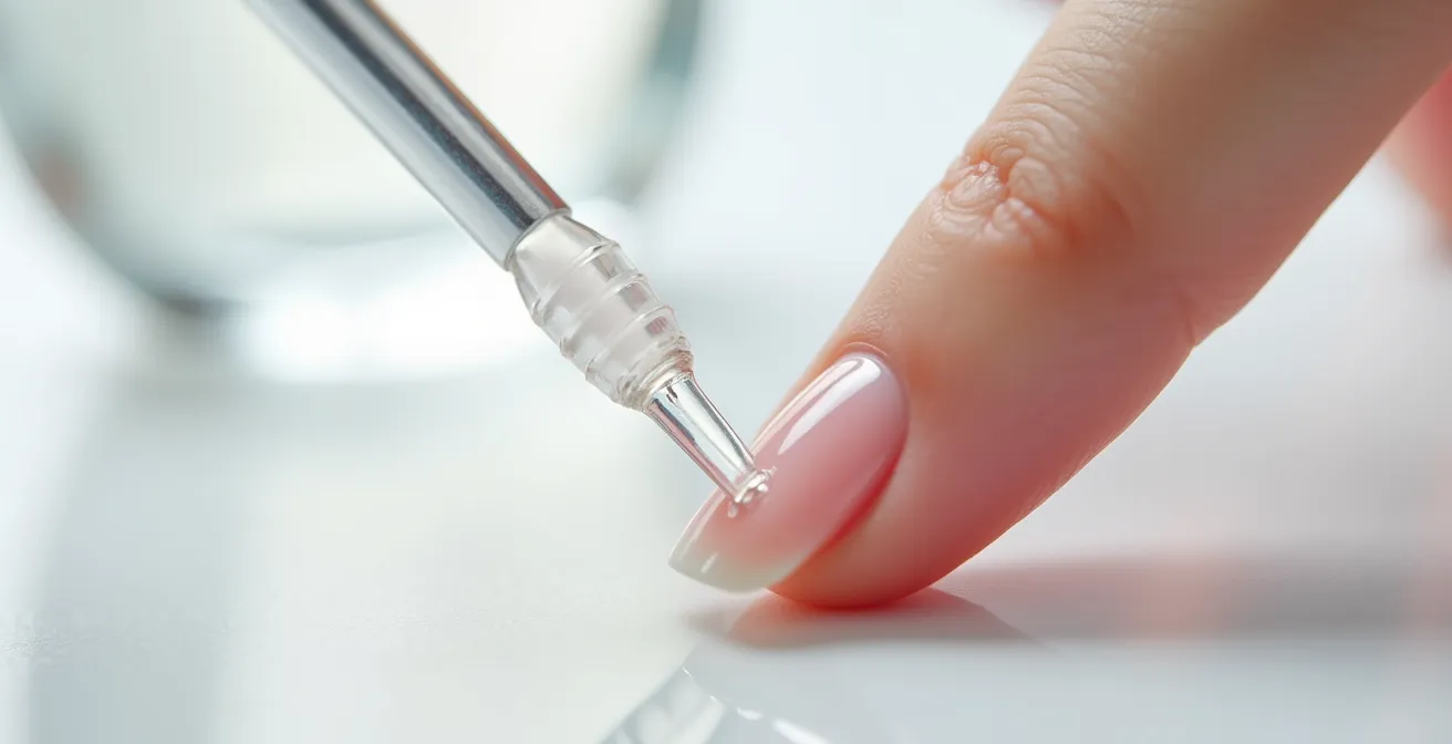 Close-up of formaldehyde-free nail hardener being applied to natural nails