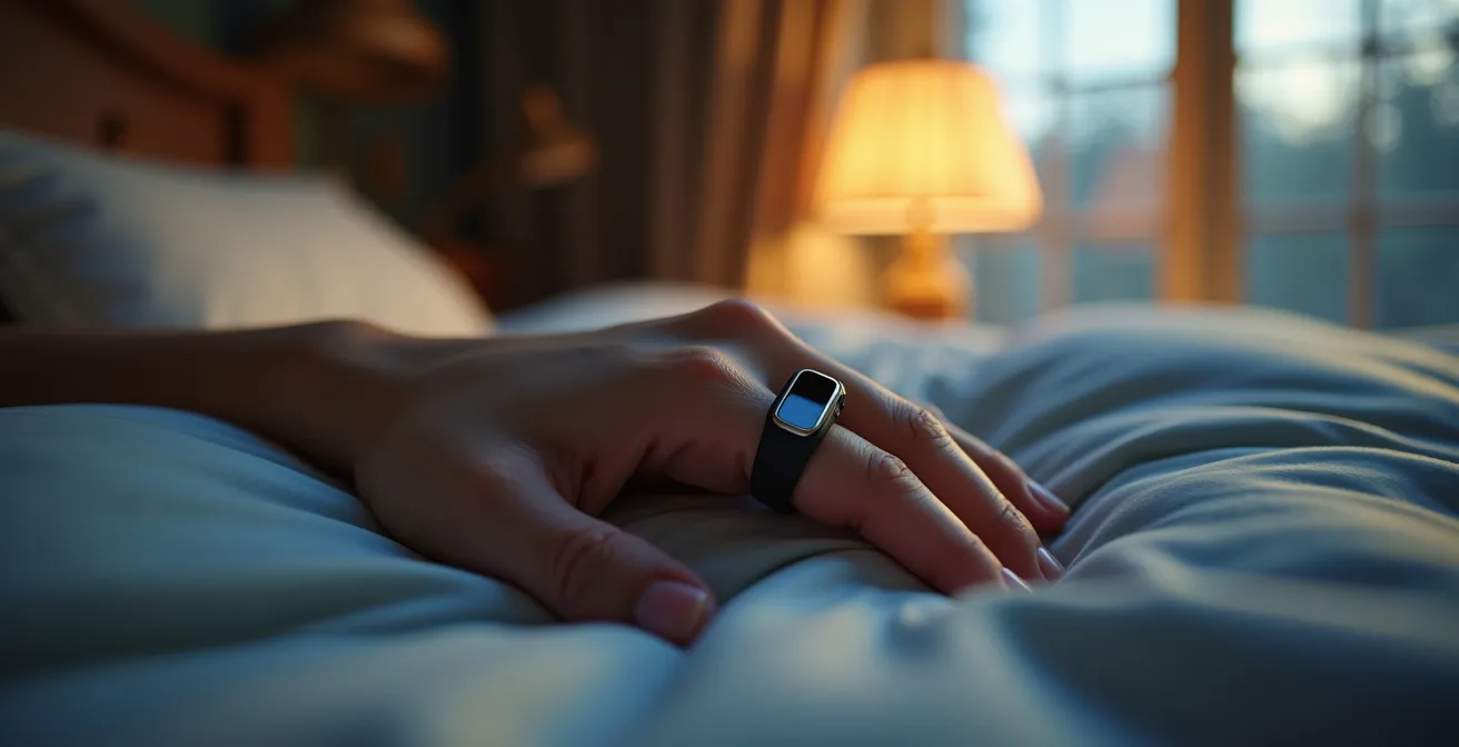 Nighttime bedroom scene with wearable device monitoring sleep oxygen levels