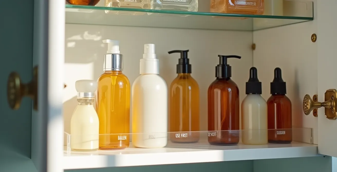 Well-organized bathroom cabinet showing FIFO skincare storage system