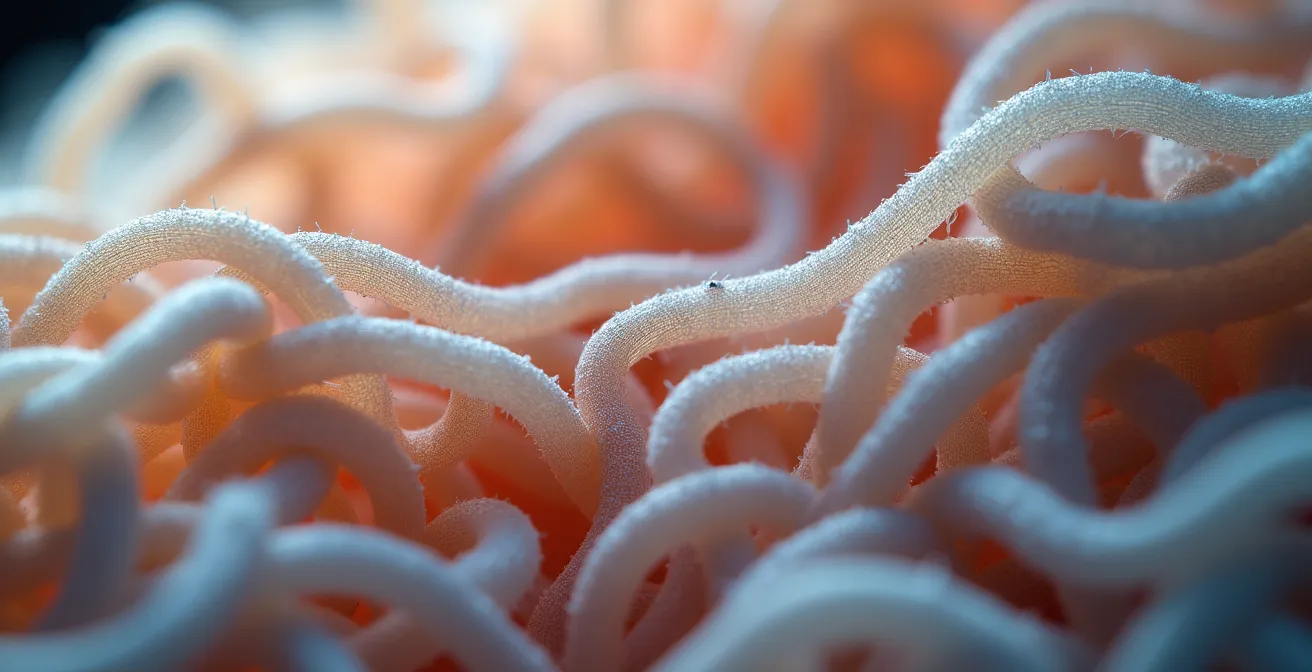 Extreme macro view of polyester fibers showing broken polymer chains and fraying structure