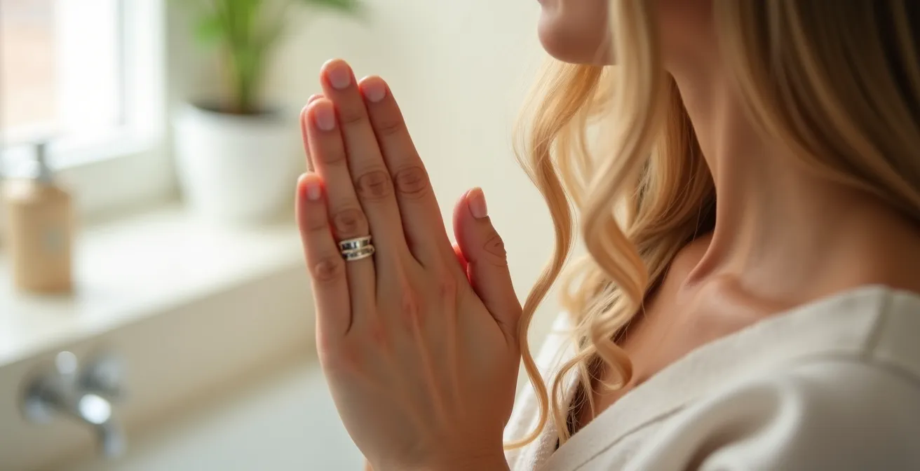 Demonstration of prayer hands method for applying oil to fine hair