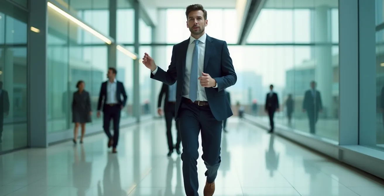 Business professional dictating a message on their smartwatch while walking through a modern office corridor in Canary Wharf.