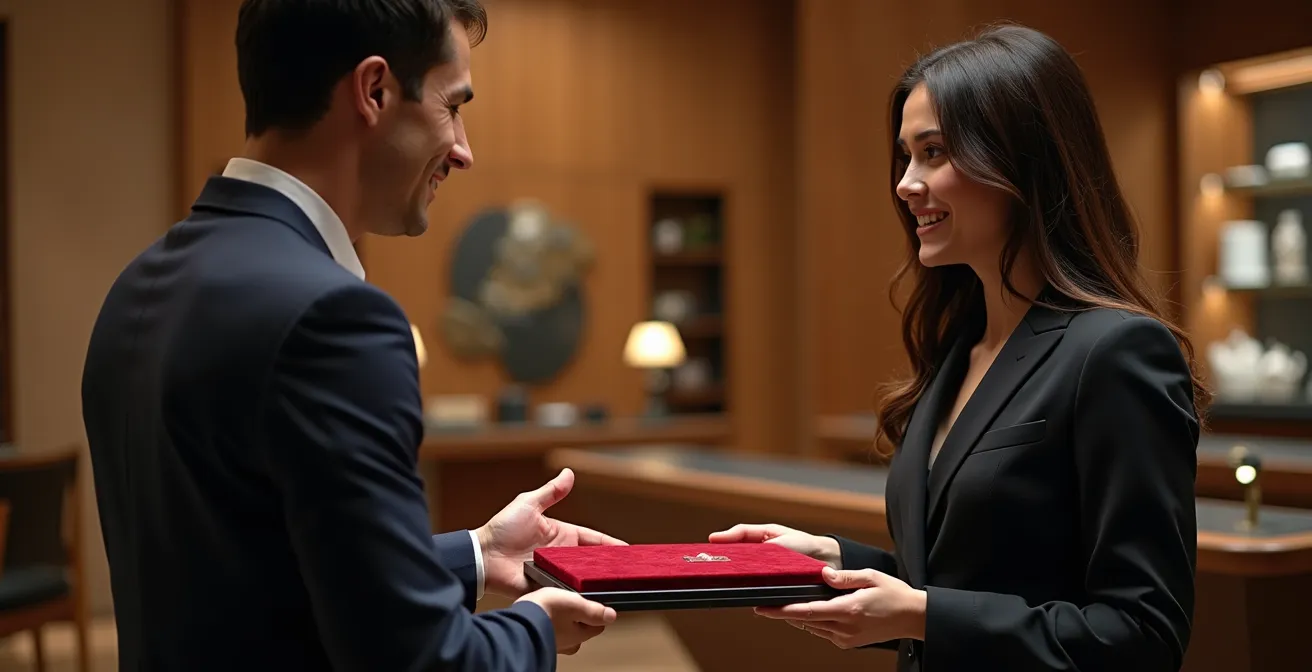 Professional consultation between a watch specialist and a client in a London boutique