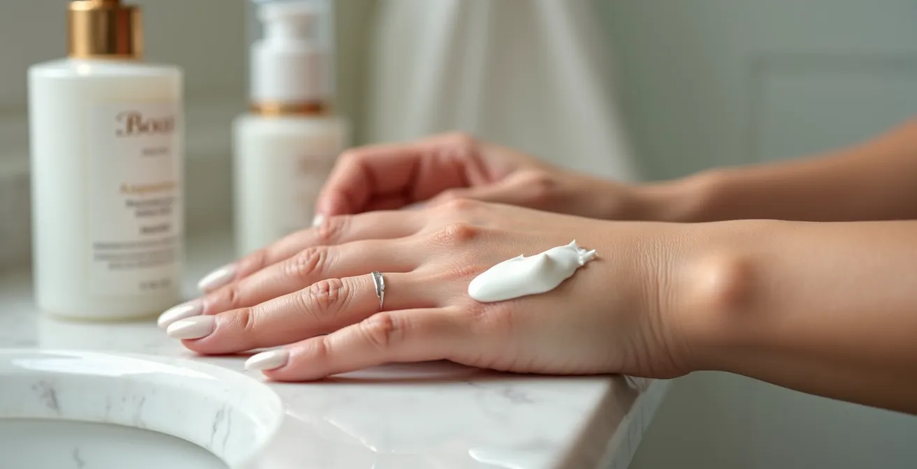 Hands demonstrating skincare layering technique with moisturizer by gently spreading cream