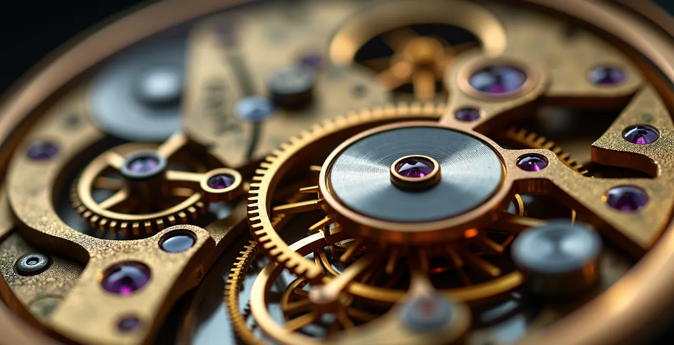 Close-up macro shot of intricate watch movement complications with gold components