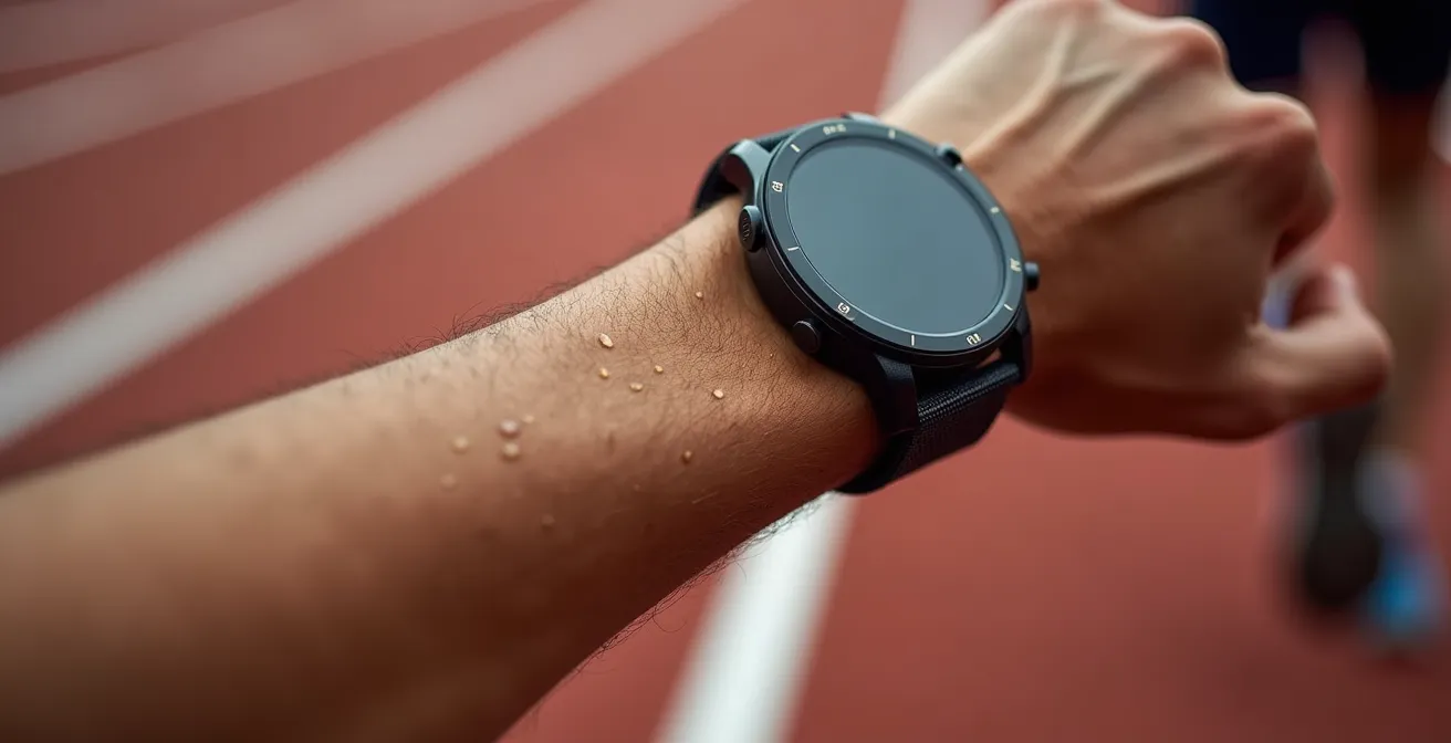 Close-up of athlete's wrist showing fitness watch during interval training on track