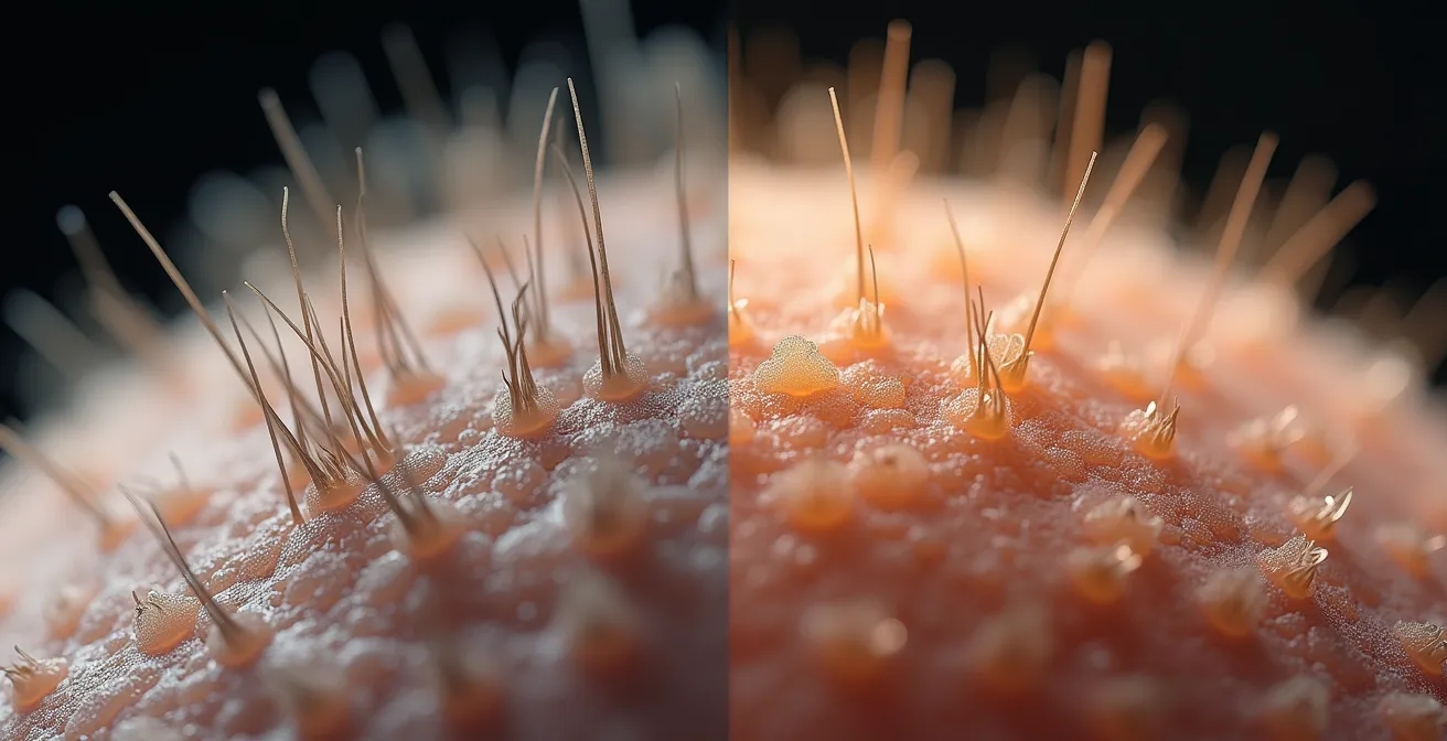 Split-screen comparison showing a healthy, clean scalp on one side and a flaky, irritated scalp on the other under a macro lens.