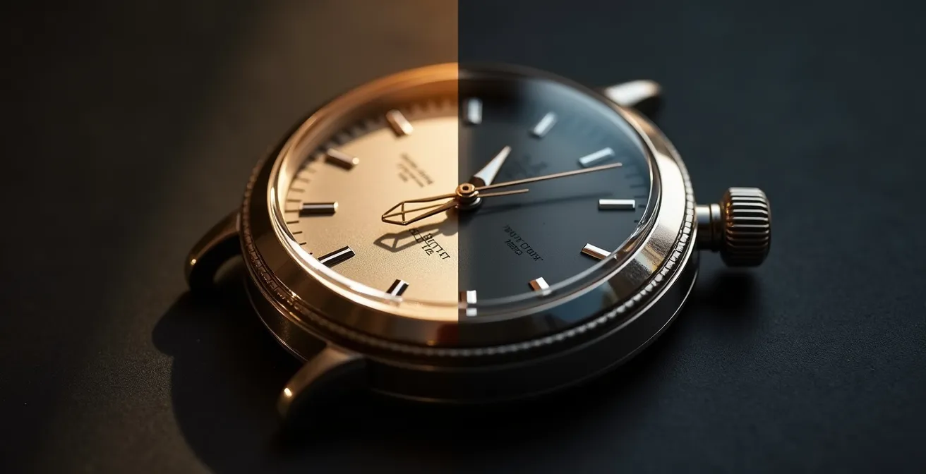 Side-by-side macro comparison of preserved sharp edges versus melted rounded edges on luxury watch cases
