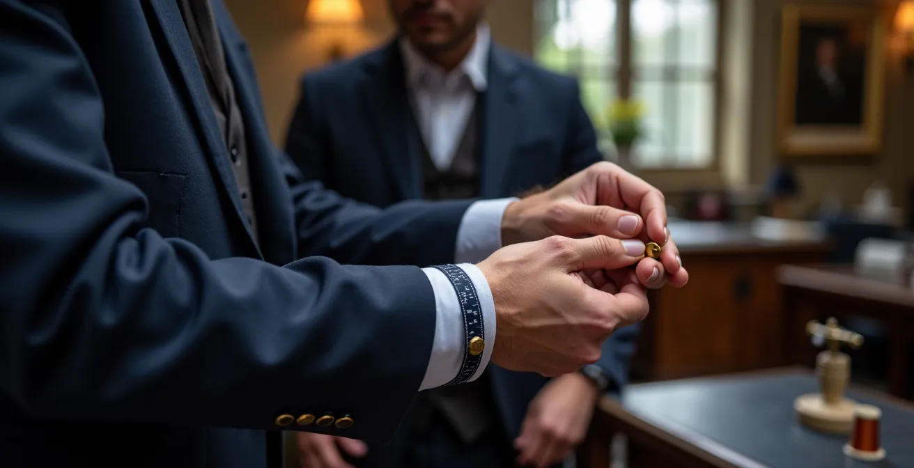 Close-up of a master tailor's hands adjusting a suit sleeve cuff to allow perfect clearance for a watch.