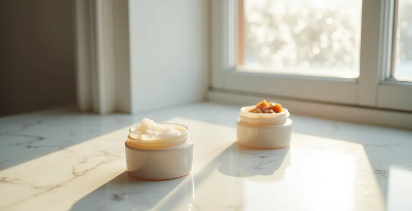 A minimalist composition showing a light gel texture and a rich balm texture side-by-side, representing a dual strategy for combination skin.