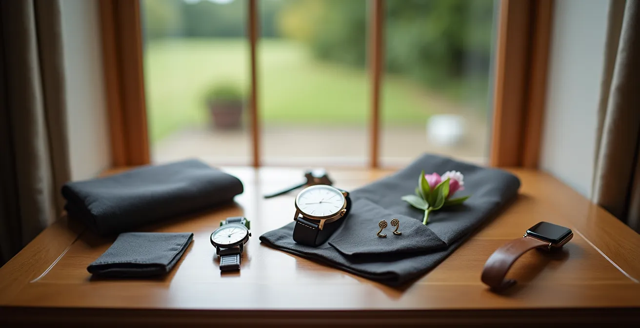 Elegant display of classic dress watch and smartwatch for wedding day transition