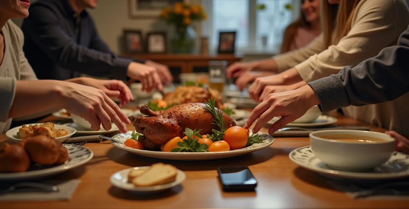Family enjoying Sunday roast dinner without digital devices in cozy UK home