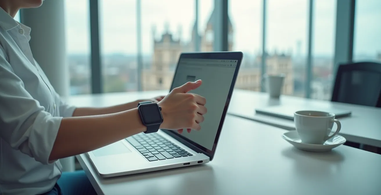 Professional setting up smartwatch Do Not Disturb modes in a modern UK office