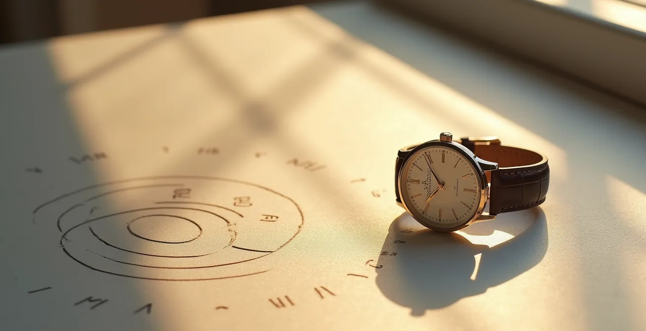 Abstract visualization of the UK tax year timeline with luxury watch elements, suggesting strategic timing.