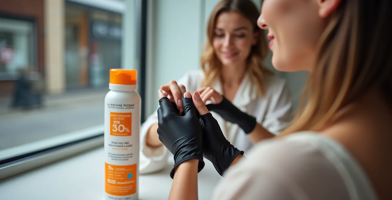 Close-up of hands applying sunscreen and UV protection gloves in UK salon