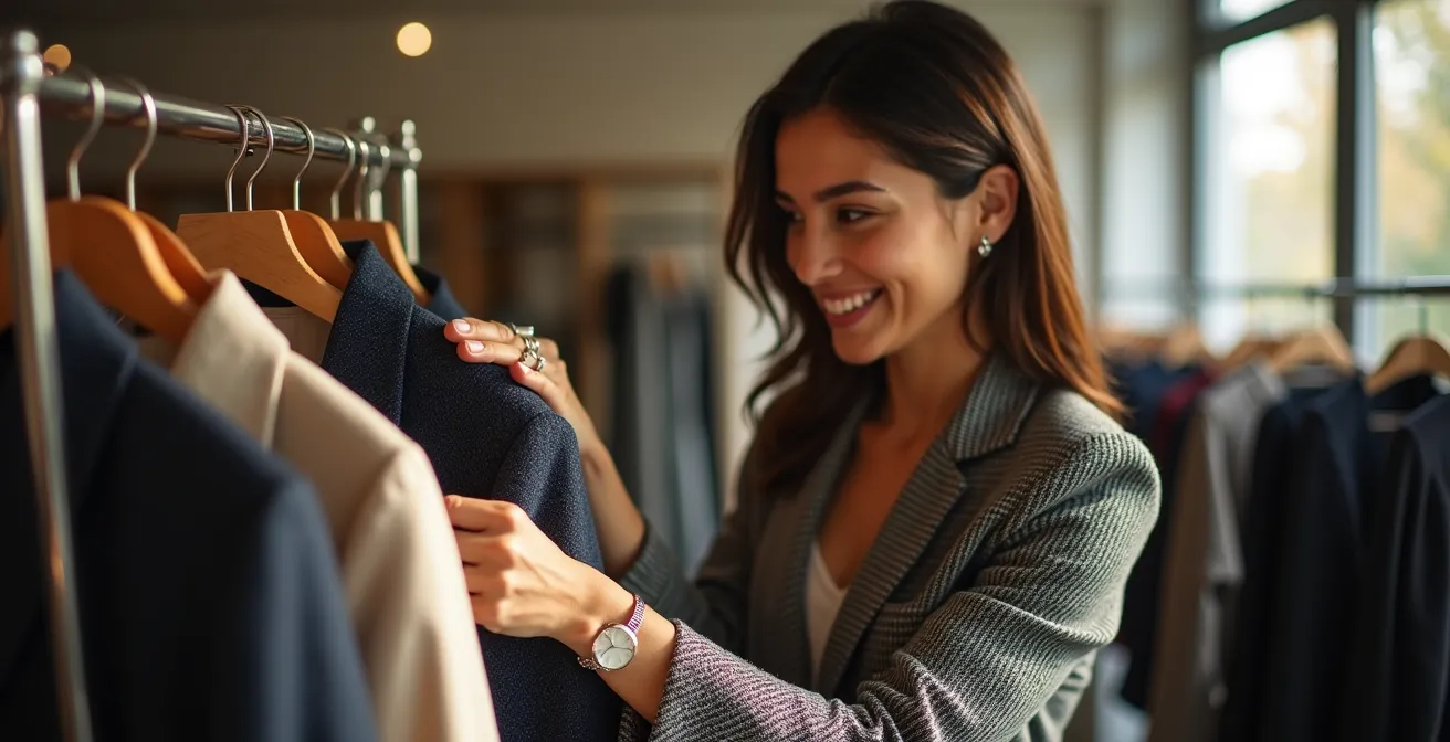 Elegant shopping bags and a designer blazer in a softly lit boutique, representing savvy luxury shopping.