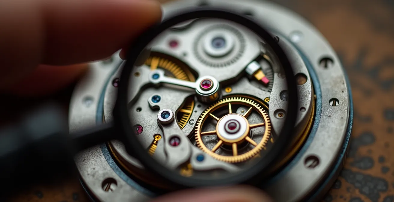 Extreme close-up of vintage watch movement being examined through a loupe in a Hatton Garden setting