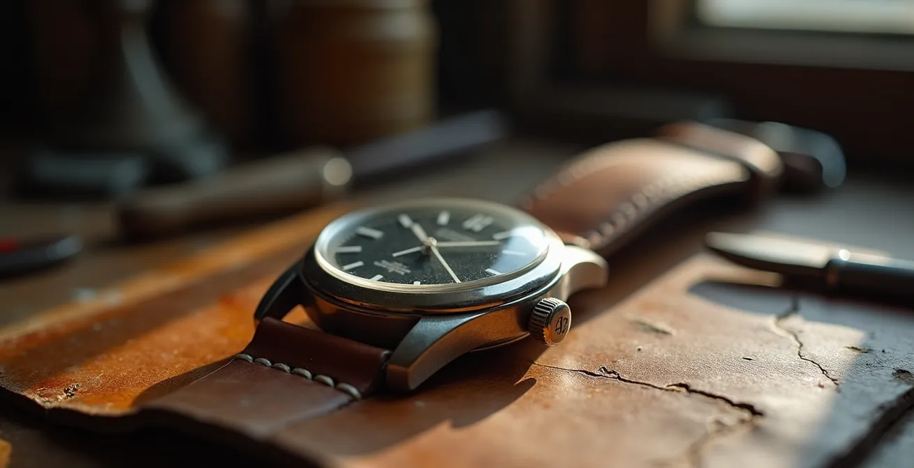 Detailed view of desirable patina patterns on vintage watch case showing character without damage