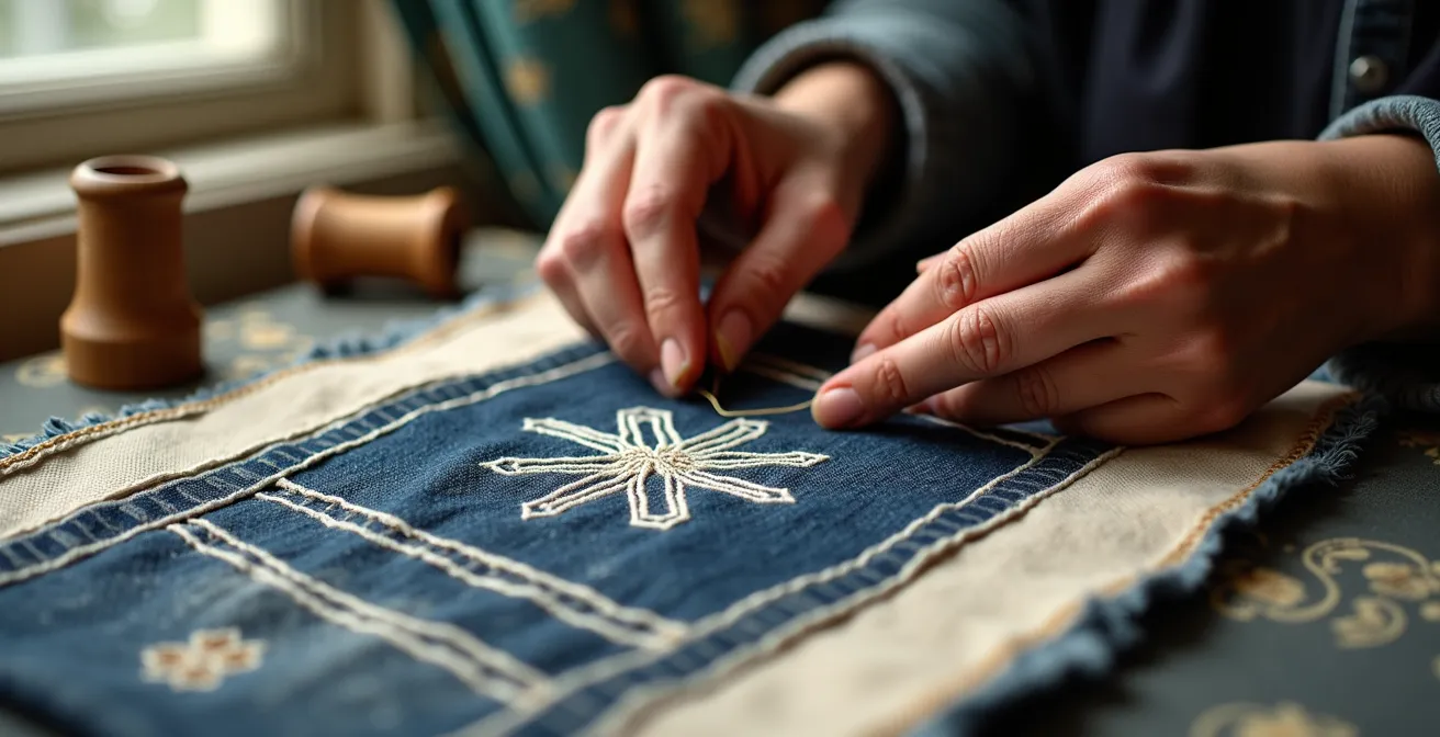 Hands performing traditional Sashiko stitching on denim with white thread in geometric pattern