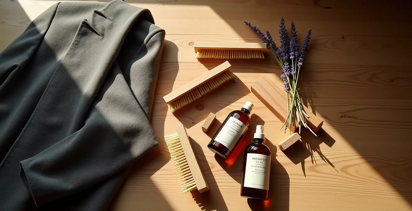 Flat lay arrangement of natural clothes brushes, cedar sachets and wool spray on vintage wooden surface