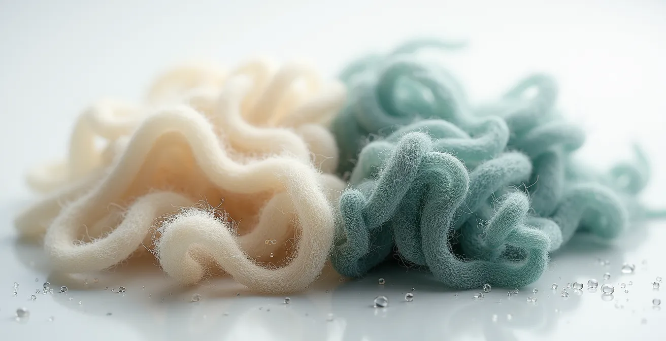 Microscopic view of wool fibers, with the left side showing healthy, crimped structure and the right side showing felted, damaged fibres.